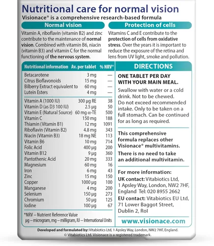 Vista 3 de Vitabiotics Visionace Original - Multivitamínico nutricional para visión normal Vitaminas A, B2 y Zinc - 30 Tabletas