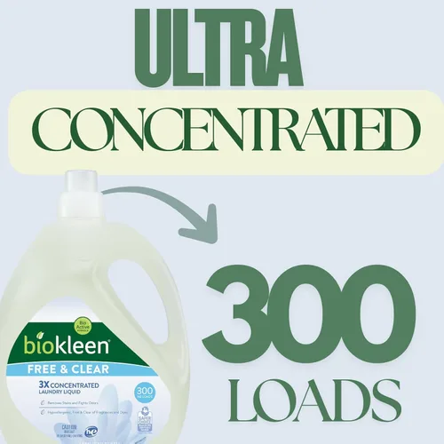 Vista 4 de Biokleen Free & Clear - Detergente líquido concentrado natural 3X para ropa, 300 cargas, a base de plantas, hipoalergénico, elimina manchas