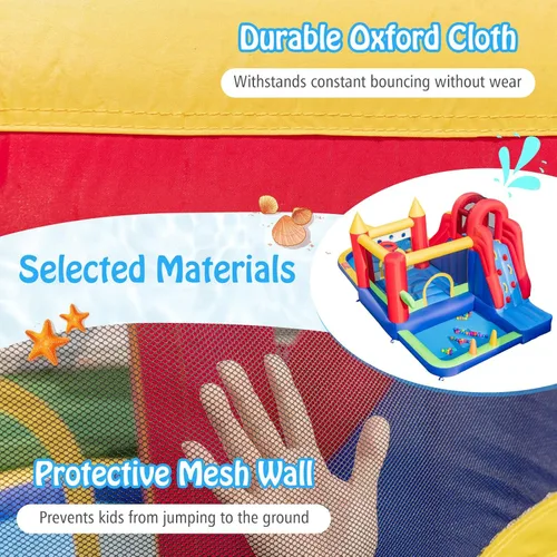 Vista 4 de HONEY JOY Tobogán acuático inflable, casa de rebote de tobogán acuático 9 en 1 con piscina de salpicaduras, tobogán largo, pozo de bolas con 50