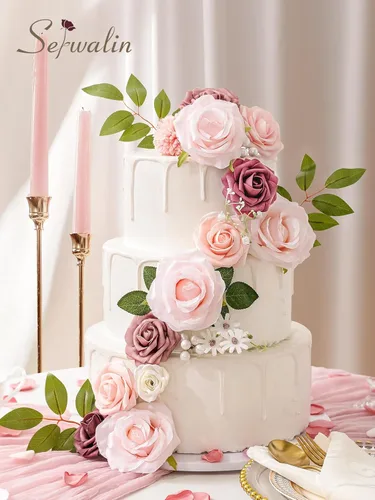 Vista 3 de Serwalin Flores artificiales, rosas polvorientas, flores de seda falsas para bricolaje, ramos de novia, rosas falsas rosas, combinados, centros