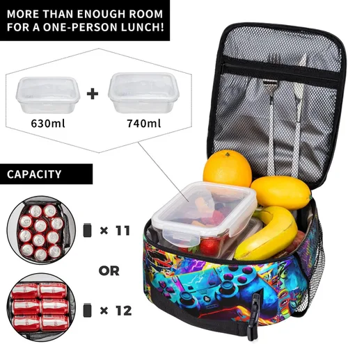 Vista 5 de Video Game Joystick Funny Portable Abstract Colorful Lunch Bag Insulated Lunch Box Reusable Totes For Women Men Work Picnic Camping