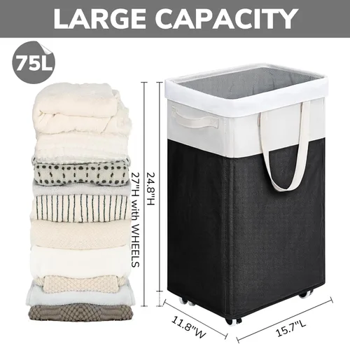 Vista 3 de Goodpick Canasta de lavandería enrollable con ruedas 75L, Canasta de lavandería negra para ropa sucia, Canasta de lavandería plegable con lavado