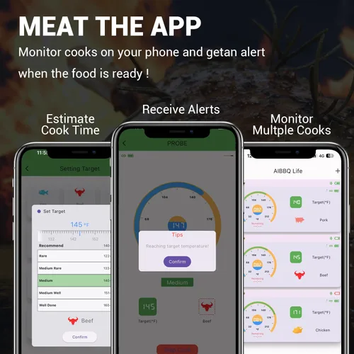 Vista 3 de Termómetro digital inalámbrico para carne, Bluetooth 5.2 de largo alcance con control de aplicación, compatible con iOS y Android, IP68 impermeable