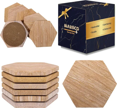 Vista 13 de Posavasos redondos absorbentes de agua hechos a mano para bebidas, 4 pulgadas de ancho, hechos de arenisca arcoíris (juego de 6 sin soporte)