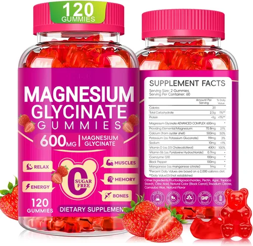 Vista 17 de Gomitas de glicinato de magnesio de 600 mg, gomitas masticables sin azúcar con glicinato de magnesio, vitamina D, B6 y CoQ10 para dormir