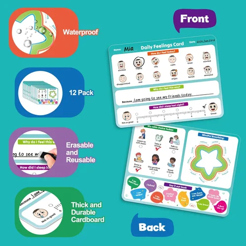 Vista 5 de Aizweb Big Feelings - Paquete de 12 tarjetas flash de emociones de borrado en seco de 9 x 12 pulgadas con habilidades de afrontamiento, tabla