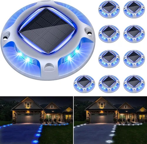 Luces solares para entrada - Paquete de 10, IP68 a prueba de agua, 2 modos de color (Azul/Blanco) para escalón, acera, camino, patio, jardín