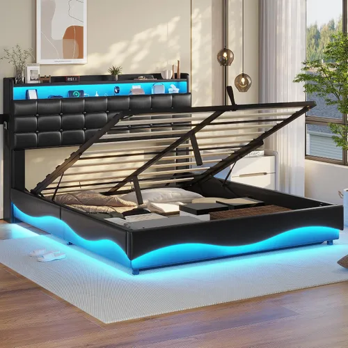 Vista 9 de ADORNEVE Bastidor de cama individual con almacenamiento abatible y luces LED, cabecera con almacenamiento oculto y estación de carga, cama tapizada