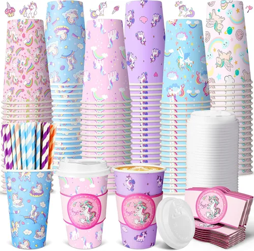 Vista 18 de Jingmore 48 juegos de tazas de café de papel desechables de 16 onzas con tapas, fundas para pajitas, vasos de papel para bebidas frías calientes
