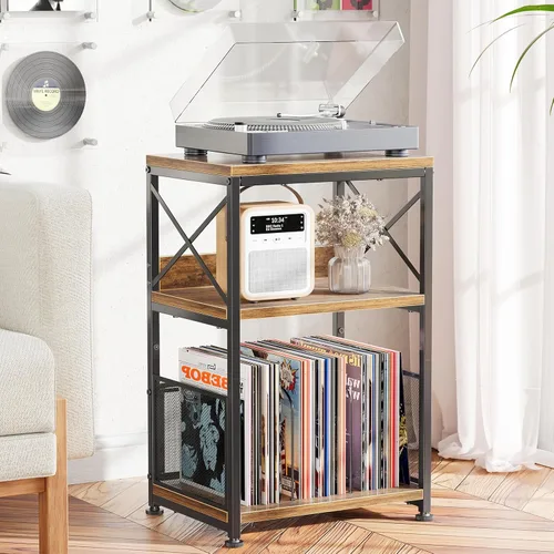 Vista 3 de Simple Trending Soporte para tocadiscos, soporte para tocadiscos con almacenamiento de vinilo con capacidad para hasta 200 álbumes, mesa auxiliar