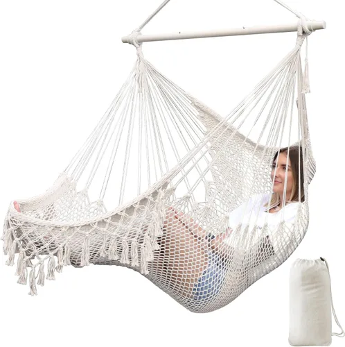 Vista 10 de Chihee - Silla de Hamaca Extra Grande, Sillas Colgantes Suavemente Tejidas con Cuerda de Algodón, Barra de Metal Plegable y Resistente, Asiento