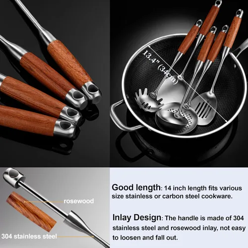 Vista 9 de Juego de utensilios de cocina de acero inoxidable con mango de madera, juego de utensilios de cocina de metal, 12 piezas, espátulas, cucharón