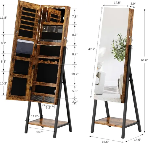 Vista 3 de soges LED Light Mirror Jewelry Cabinet, Full Length Mirror with Jewelry Storage, Standing Jewelry Armoire Organizer with Inside Makeup Mirror