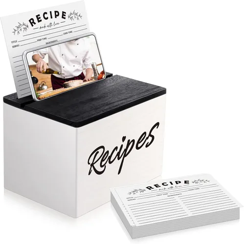 Vista 7 de Caja de recetas de madera con tarjetas, soporte para tarjetas de recetas de madera rústica con 50 piezas, juego de tarjetas de 5 x 7, caja