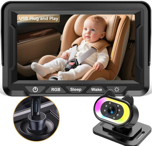 Wkzay Cámara USB Plug-and-Play del coche del bebé: 3 minutos de instalación fácil Enchufe USB negro
