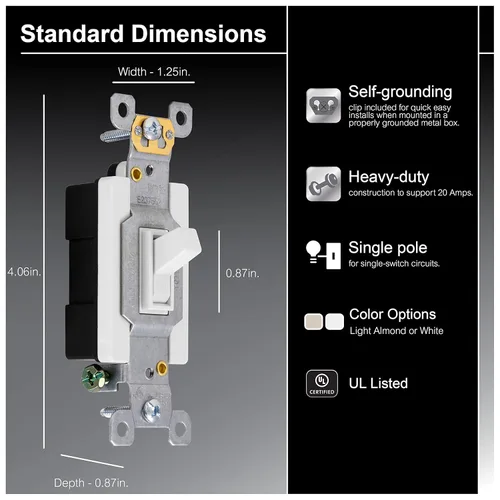 Vista 2 de GE Heavy-Duty, interruptor de palanca de un solo polo, en pared, para luz, ventilador, circuitos de un solo interruptor, clip de autoconexión a