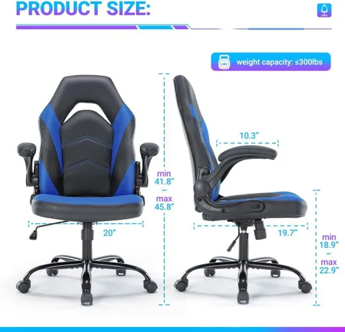 Vista 3 de Silla ergonómica resistente para videojuegos, para oficina en casa, con soporte lumbar, respaldo ajustable, reposabrazos abatible y ruedas