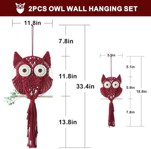 Vista 7 de MVSUTA Owl Burgundy Cotton Handmade Macrame Wall Hanging Tapestry Home Decor Art and Red Craft Wonderful Decoration Woven Boho Ornament for Office