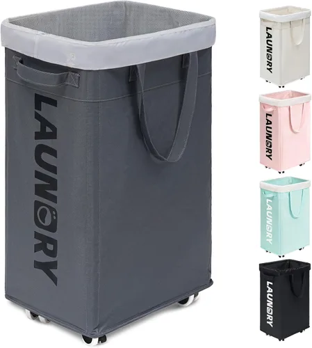 Vista 25 de Goodpick Canasta de lavandería enrollable con ruedas 75L, Canasta de lavandería negra para ropa sucia, Canasta de lavandería plegable con lavado
