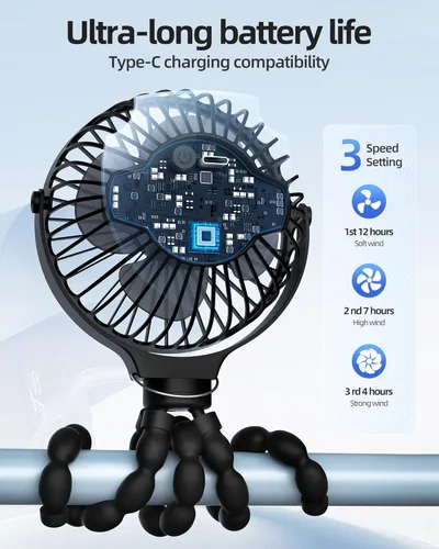 Vista 7 de Ventilador de cochecito portátil recargable USB personal con clip, rotación de 360 °, 3 velocidades, trípode flexible desmontable pequeño, mini Negro