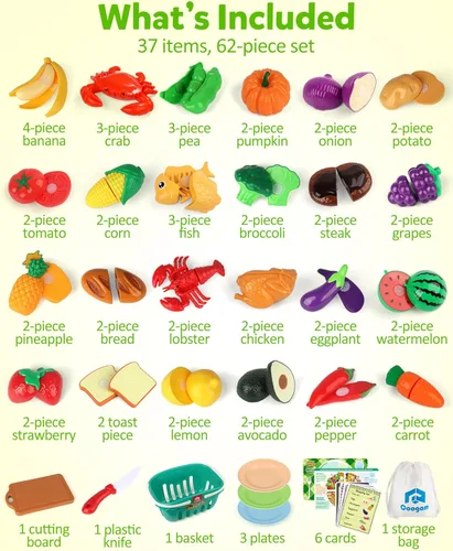 Vista 6 de Coogam Accesorios de Cocina de Comida de Simulación para Niños, Comida de Corte Falsa de Frutas, Carnes y Vegetales con Cesta de Almacenamiento