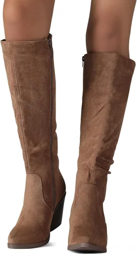 Vista 7 de Putu Botas altas hasta la rodilla con punta puntiaguda para mujer, botas de tacón grueso apiladas, con cremallera lateral, botas altas holgadas