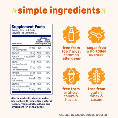 Vista 2 de Enfamil Poly-Vi-Sol Suplemento multivitamínico líquido para bebés y niños pequeños, botella cuentagotas de 1.7 fl oz