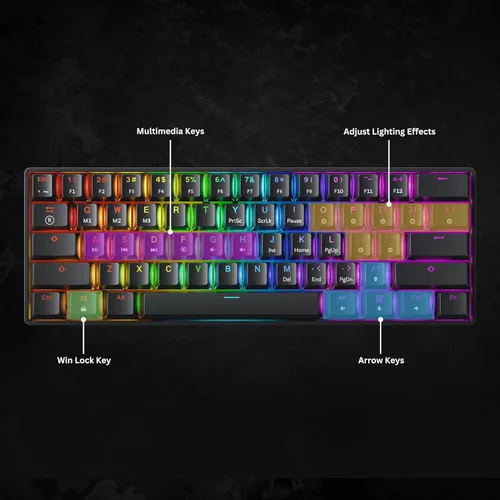 Vista 9 de Teclado mecánico para videojuegos GK61 - 61 teclas multicolor, con iluminación LED RGB, alámbrico, programable para PC o Mac gamer, táctil