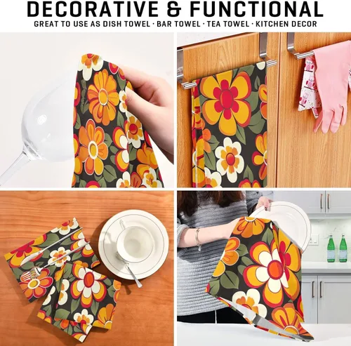 Vista 7 de GAIREG Orange Retro Hippie Flowers Kitchen Rags and Towels Set, 28x18 Decorative Kitchen Cooking Towels, Set of 6