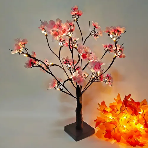 Vista 3 de Árbol de cerezo iluminado, 21.7 pulgadas, 24 luces LED artificiales de mesa de cerezo bonsái, funciona con pilas, decoración de árbol de flores