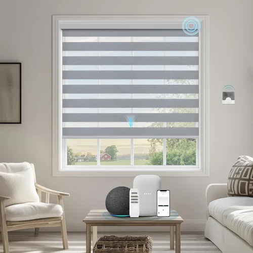 Vista 8 de Persianas motorizadas de cebra compatibles con Alexa Google Smart de doble capa, persianas eléctricas horizontales con control remoto, tamaño 95%