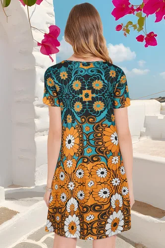 Vista 5 de Vestidos de verano para mujer, con vuelos, estilo informal, de corte holgado, con estampado floral, manga corta, con bolsillos, para la playa