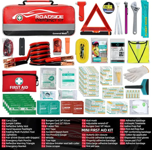 Vista 2 de General Medi Kit de emergencia para coche de 127 piezas incluye kit miniatura de primeros auxilios, cables de arranque, cuerda de remolque, vendaje