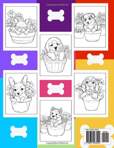 Vista 2 de Puppies in Pots Coloring Book Featuring 50 Adorable Puppies Illustrations for Stress Relief and Relaxation