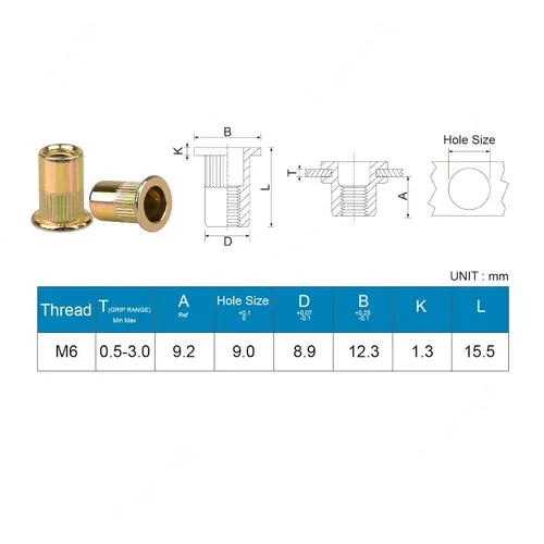 Vista 3 de Tuercas de remache métricas M6 chapadas en zinc de acero al carbono roscado tuerca de inserción Nutsert remaches cabeza plana cuerpo moleteado, 40