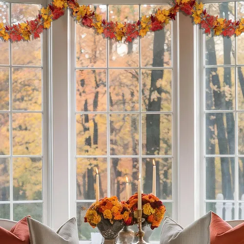 Vista 6 de Paquete de 2 guirnaldas de hojas de arce de otoño, decoración de hojas artificiales de 5.8 pies para árbol de otoño, manto, mesa, dormitorio