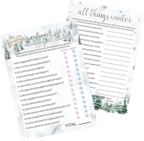 DISTINCTIVS Baby It's Cold Outside Winter Baby Shower Games – All Things Winter and Mommy or Daddy (paquete de 2 juegos de fiesta) – 20 tarjetas