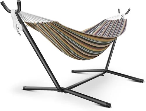 Vista 8 de Hamaca con soporte para exterior, hamaca portátil de 600 libras con bolsa de transporte para patio exterior de 2 personas, resistente, fácil montaje