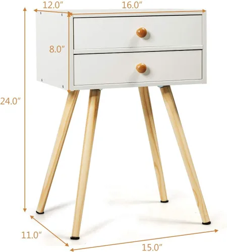 Vista 3 de COSTWAY Mesita de noche moderna de mediados de siglo con 2 cajones en mesa auxiliar de sofá blanco
