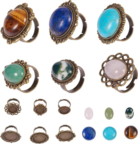 Vista 14 de SUNNYCLUE 6 anillos de cabujón ajustables de plata antigua con flores en blanco, redondos, ovalados, con 6 cabujones redondos de piedras preciosas