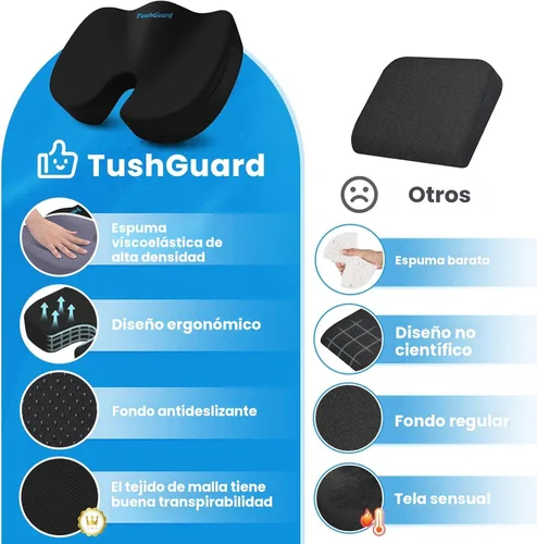 Vista 4 de TushGuard - Cojín de asiento para silla de oficina de espuma viscoelástica antideslizante con respaldo, almohada de alivio para silla de oficina