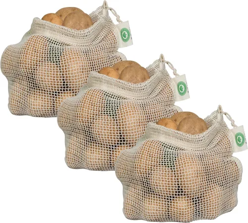 Vista 14 de Bolsas reutilizables de malla de algodón para productos – 100% algodón orgánico, duraderas, doble costura, lavables con peso de tara y cordón