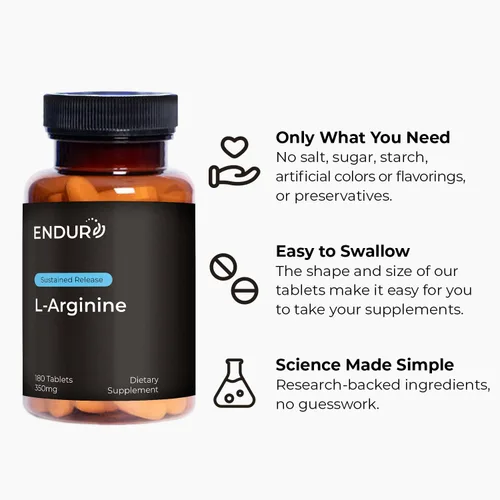 Vista 5 de Endurance Products L-Arginina - Liberación sostenida de 350 mg para una absorción óptima - Precursor de óxido nítrico*, 180 Tablets Company