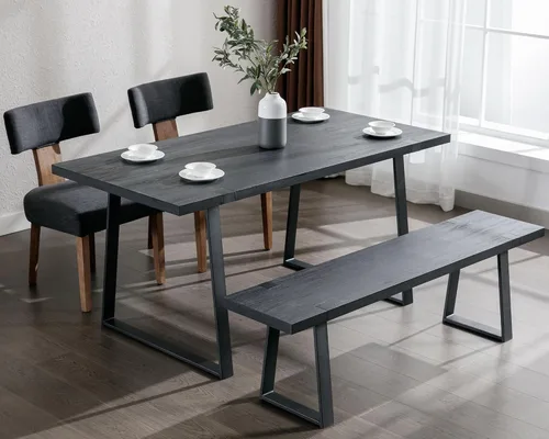 Vista 8 de VESCASA Banco de comedor de madera de 60 pulgadas con patas de metal negro para comedor, cocina, color negro