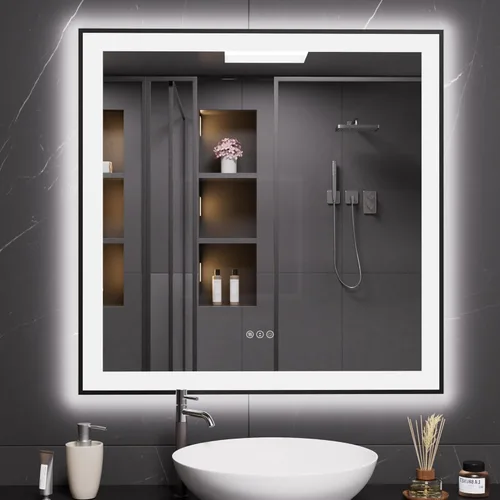 Vista 14 de LOAAO Espejo de baño LED de 20 x 28 pulgadas, marco negro, antiniebla, regulable, espejo de tocador de baño iluminado para pared, función