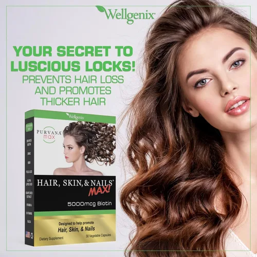 Vista 6 de Wellgenix Purvana MAX Suplemento para la piel y las uñas – 5000 mcg de biotina con MSM y complejo B – Soporte para cabello más grueso, uñas más
