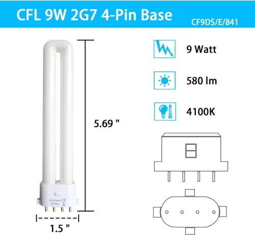 Vista 2 de 9 Watt 2G7 Base Fluorescent Light Bulb,Replacement for Satco S8365, Kandolite 96500,Coleman Lantern Bulb,Rayovac F9w-1 Light Bulb,CF9DS/E/841,4 Pin
