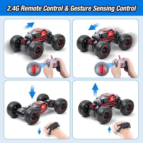 Vista 5 de Powerextra Coche de control remoto, auto RC con detección de gestos, 4WD transforma todoterreno Crawler, auto de acrobacias de juguete todo terreno