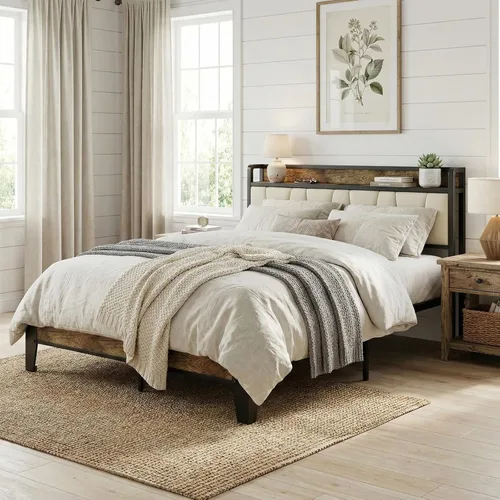 Vista 44 de LIKIMIO Base de cama tamaño King, cabecera de almacenamiento con estación de carga, sólida y estable, sin ruido, no necesita somier, fácil montaje