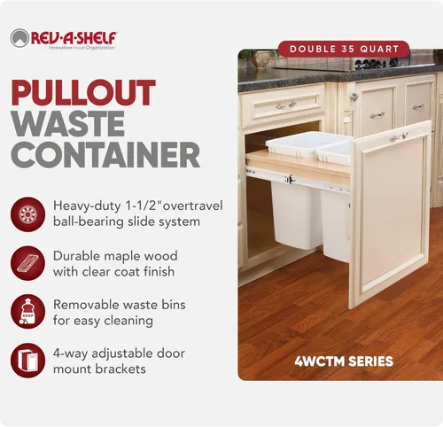 Vista 2 de Rev-A-Shelf Cubo de basura doble extraíble para armarios de cocina/baño, cubo de basura de madera de 35 cuartos de galón, marco frontal de 20.75 x